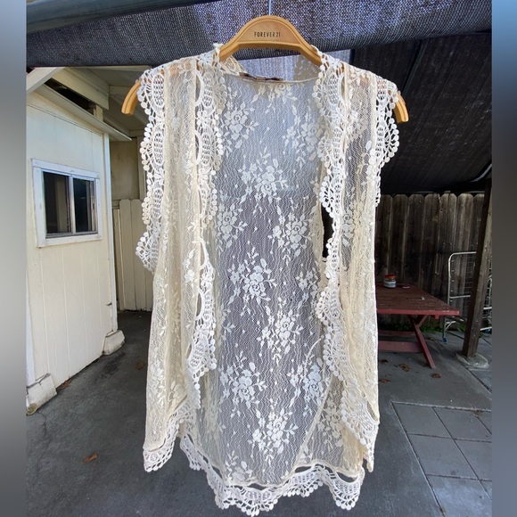 Young Essence Tops - Young Essence Cream Lace Open-Front Vest